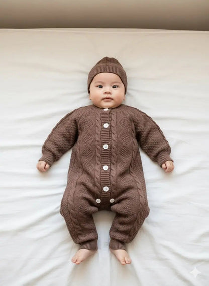 KNITTED BROWN BABY ROMPER - IMPORTED - Pyare Bachay 