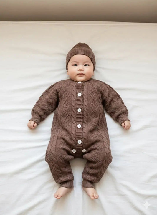 KNITTED BROWN BABY ROMPER - IMPORTED - Pyare Bachay 